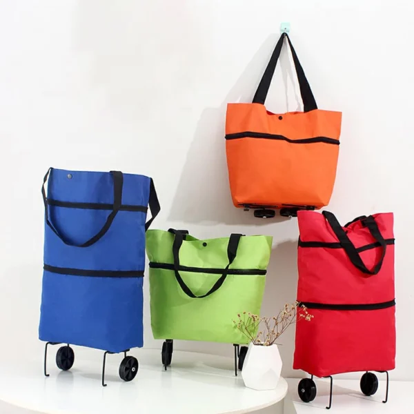 Carrito de mercado portátil para compras en colores azul, verde, naranja y rojo.