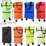 Carritos de mercado plegables con ruedas: verde, naranja, azul, rojo, negro y estampados.