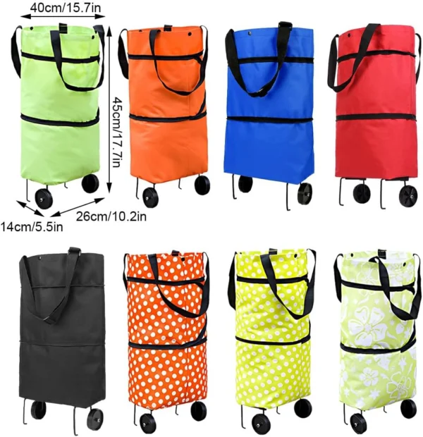Carritos de mercado plegables con ruedas: verde, naranja, azul, rojo, negro y estampados.
