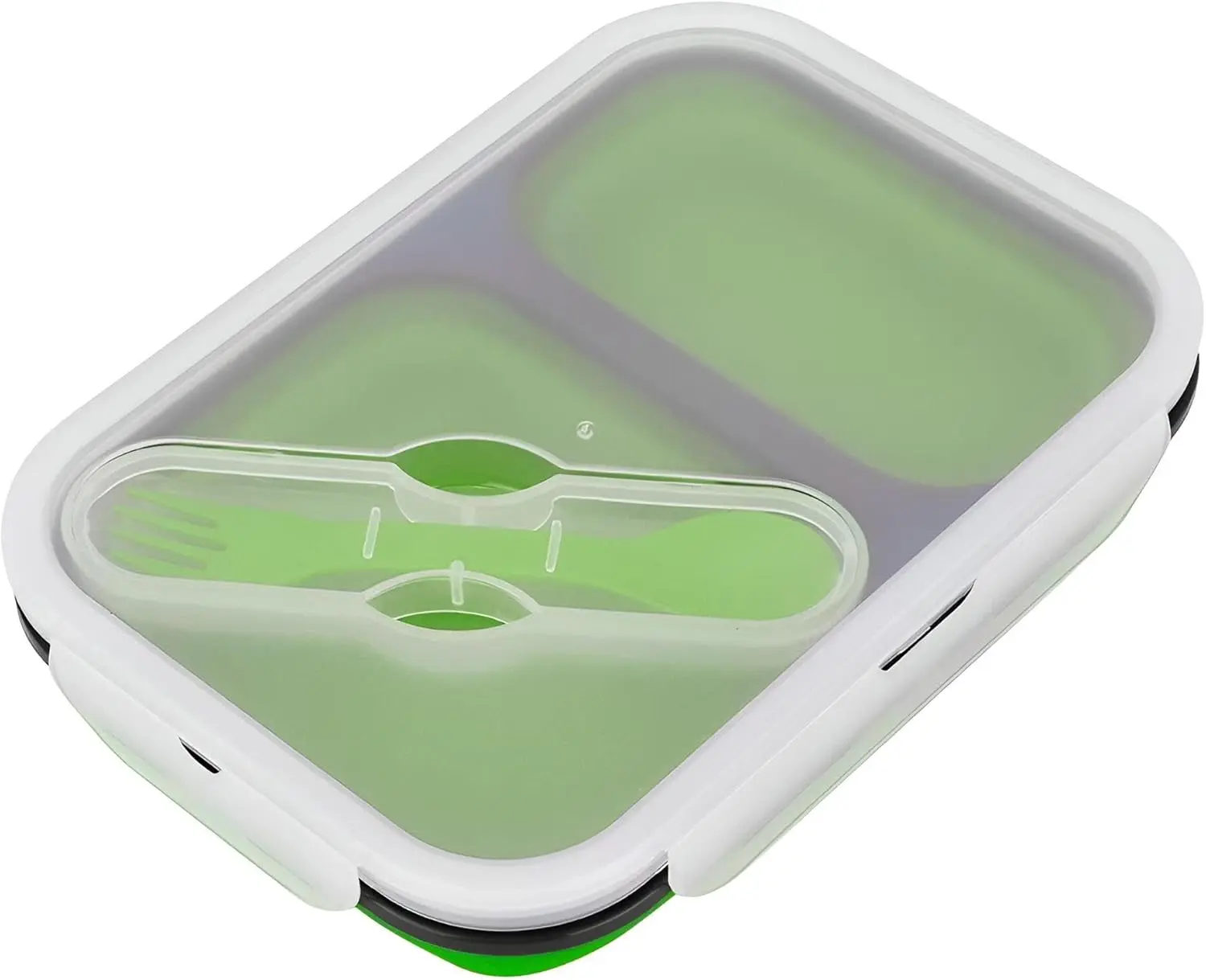 Porta comida plegable verde con compartimentos y cubiertos integrados.