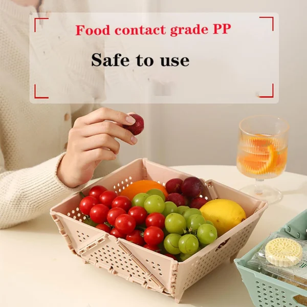 Canasta plegable para almacenar frutas, hecha de PP apto para alimentos, segura para usar.
