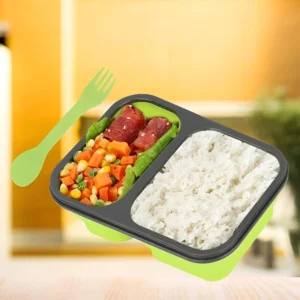 Porta comida plegable A2406-282 con arroz, verduras mixtas y carne, junto a tenedor verde.