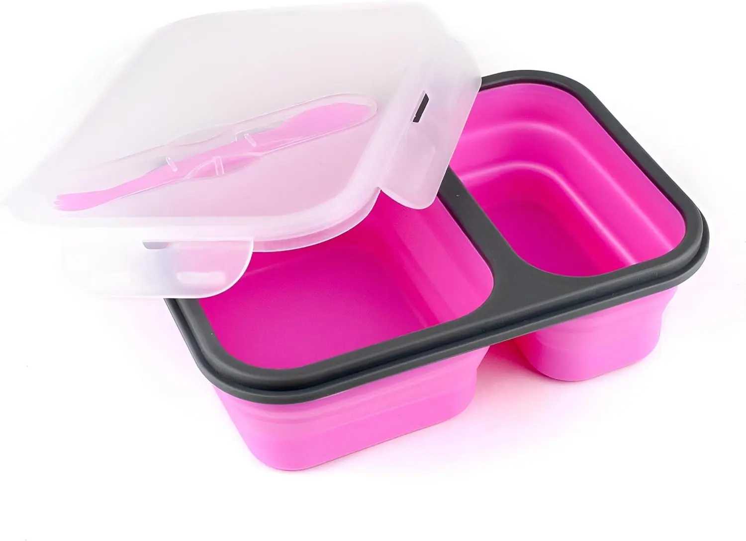 Porta comida plegable rosa de silicona con divisores y cubiertos integrados.