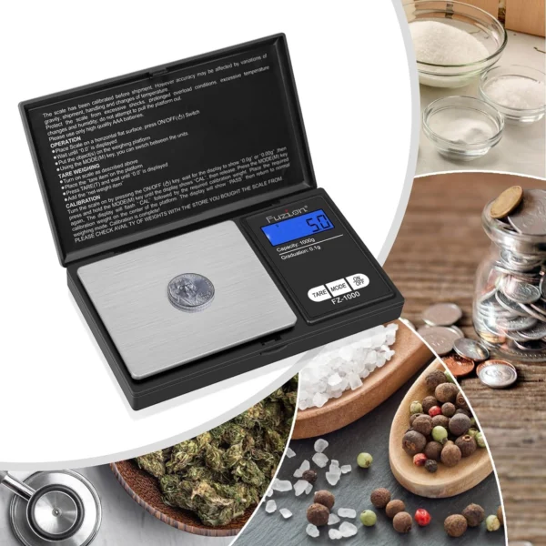Gramera digital A2403-581 con moneda, azúcar, granos y hierbas medicinales.