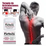 Crema Perfectx para dolor articular y muscular, envase de 30g, con demostración de alivio en cuello y columna.