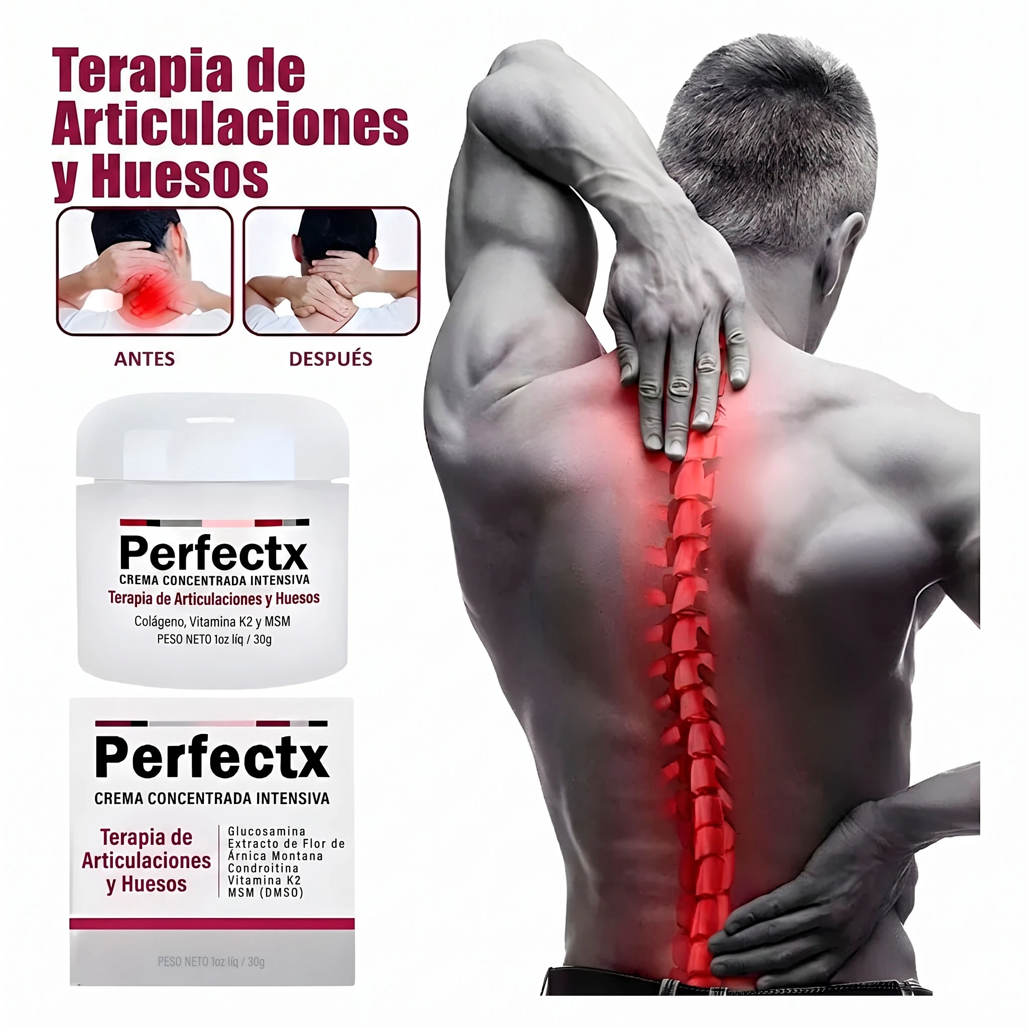 Crema Perfectx para dolor articular y muscular, envase de 30g, con demostración de alivio en cuello y columna.