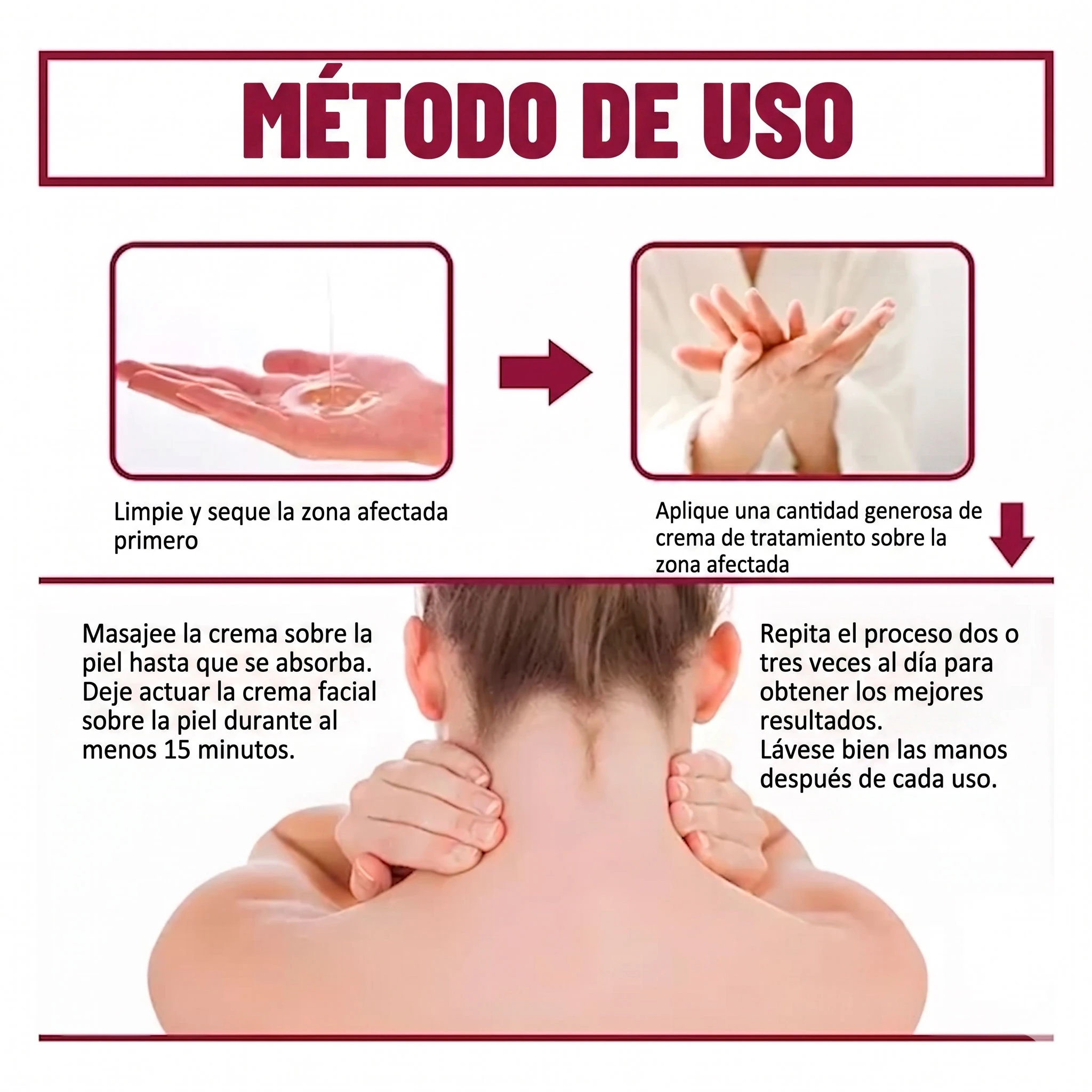Set x3 Crema Perfectx Articular y Muscular 60gr: instrucciones de uso con manos y cuello para alivio del dolor.