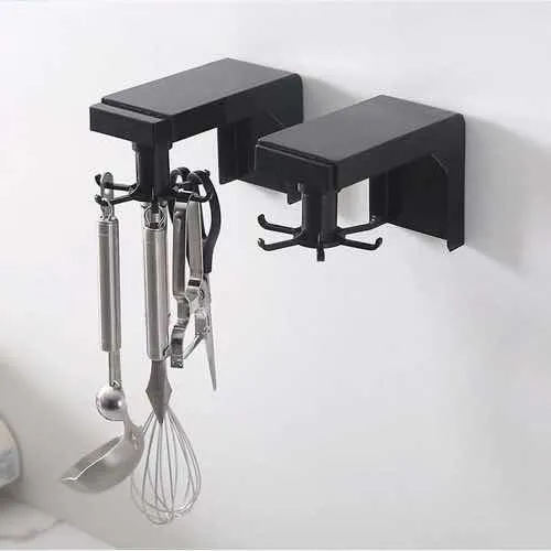 Organizador giratorio de cocina con 6 ganchos para colgar utensilios, estante negro.