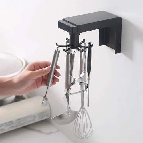 Organizador giratorio de utensilios de cocina con 6 ganchos, ideal para colgar cucharones, batidores y más.