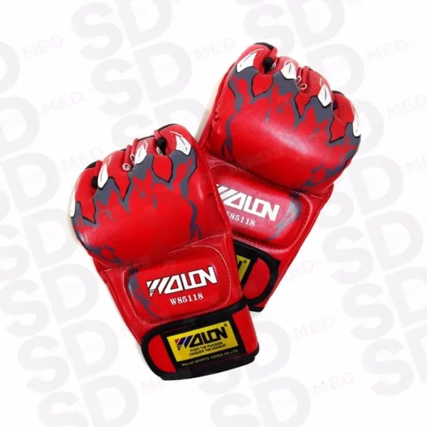Guantes profesionales de kick boxing y MMA, rojos, con diseño de llamas y logo "WALON".