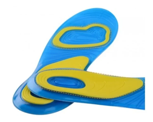 Plantillas ortopédicas de gel azules y amarillas con soporte para el arco y amortiguación.