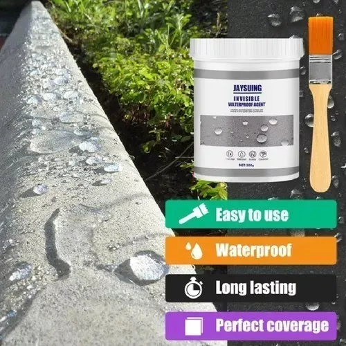 Sellador impermeabilizante invisible para concreto con gotas de agua, fácil de usar y duradero.