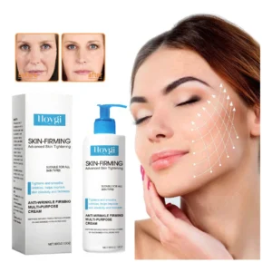Crema Skin Firming avanzada para tensar la piel, mostrando antes y después y aplicación en rostro.