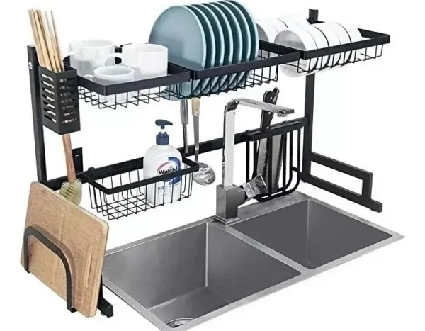 Escurridor de loza de 64 cm sobre doble lavaplatos, con estante para platos, vasos, cubiertos y tabla de cortar.