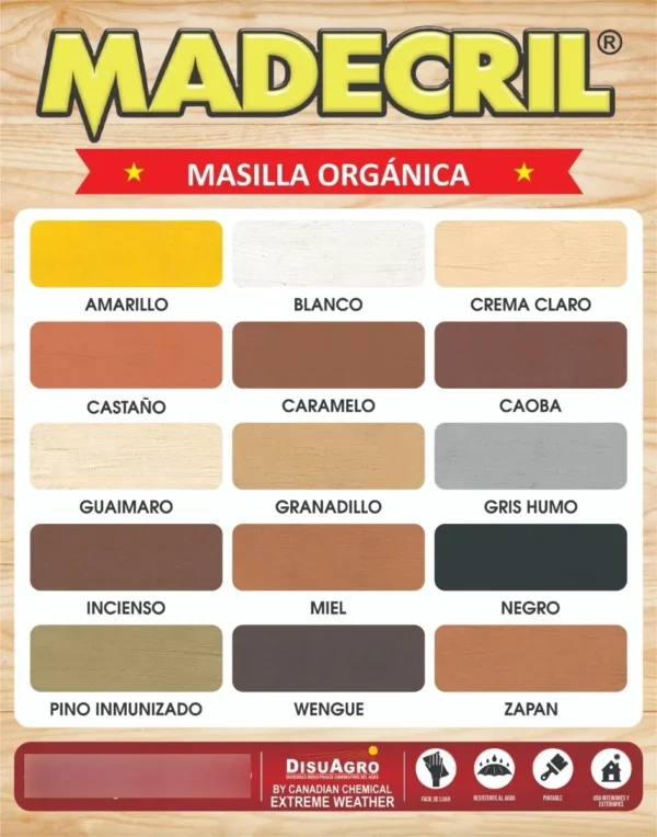 Masilla Orgánica Resane Madera Madecril: Muestras de colores para acabados en madera interior y exterior.