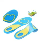 Plantillas ortopédicas en gel azul y amarillo, soporte para arco, transpirables y cómodas.
