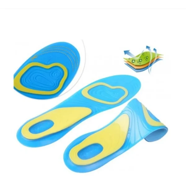Plantillas ortopédicas en gel azul y amarillo, soporte para arco, transpirables y cómodas.