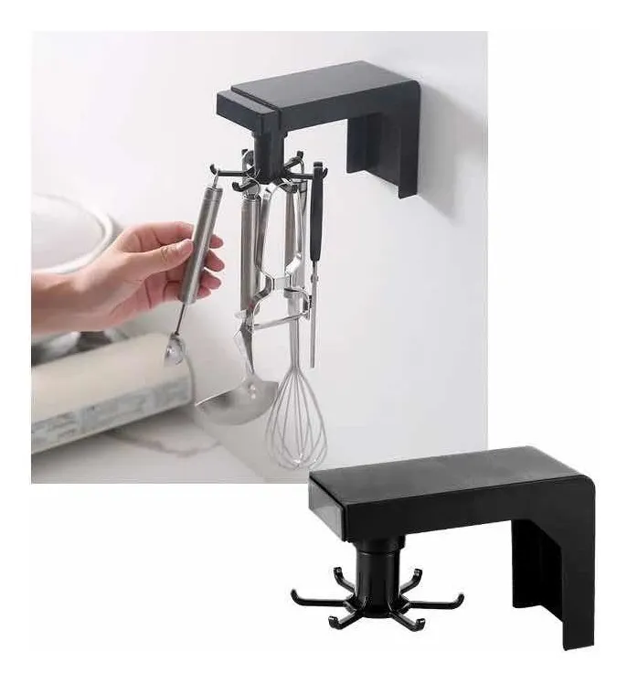 Organizador giratorio negro para colgar utensilios de cocina, con 6 ganchos que giran 360°.