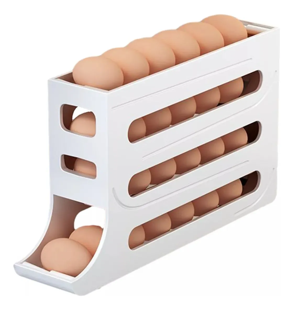 Porta huevos automático de plástico blanco con huevos marrones en tres niveles.