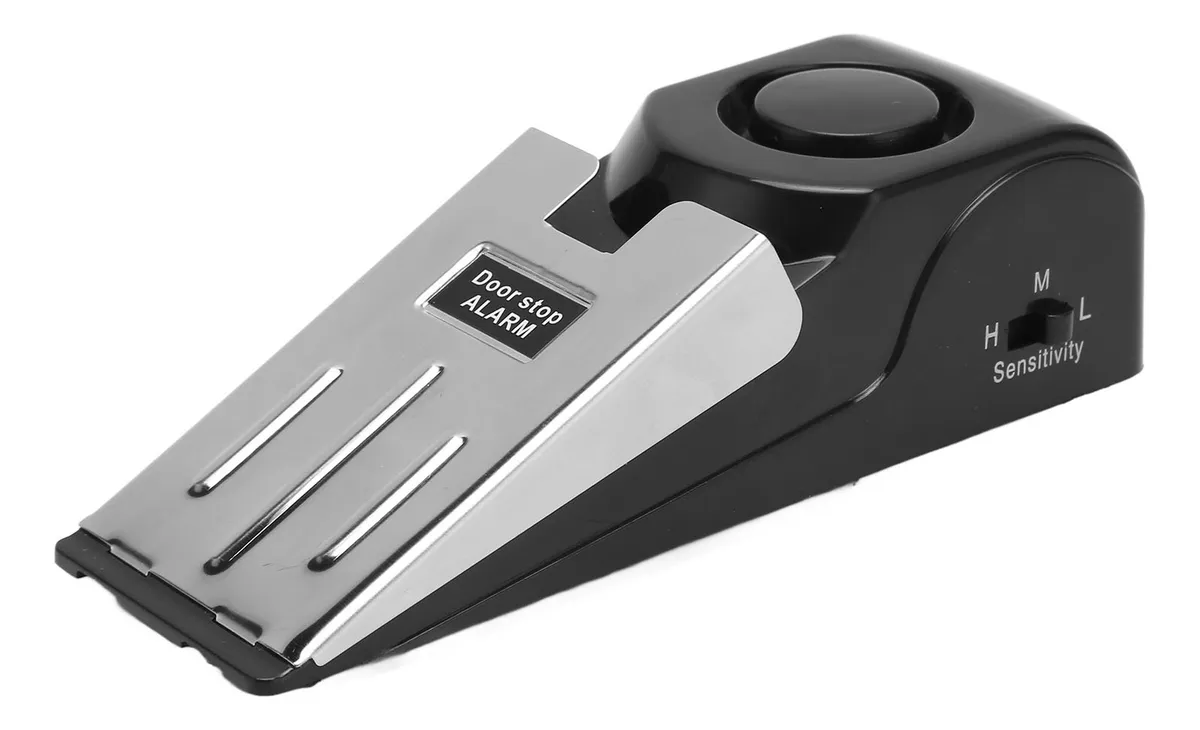 Tope de puerta con alarma de seguridad, detector de movimiento sensible, color plateado y negro.