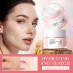 Crema Hidratante de Sal Rosa Hima con rostro de mujer, textura de piel mejorada y envase del producto.