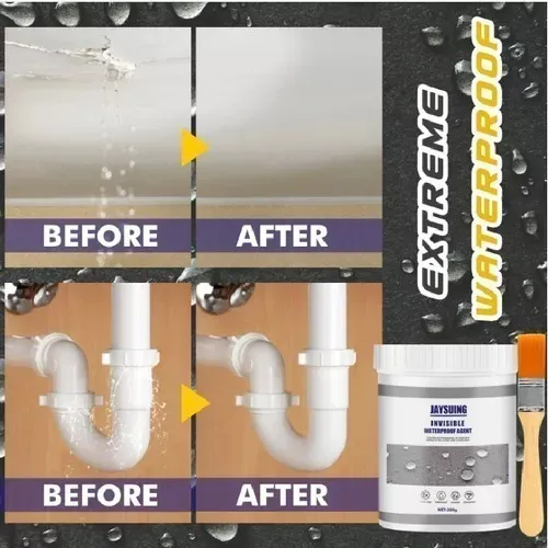 Sellador impermeable invisible JAYSUING en acción: repara fugas en techos y tuberías de lavamanos antes y después.