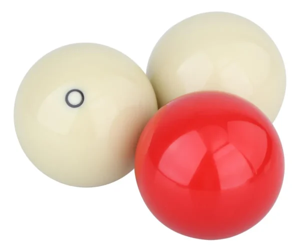 Juego de 3 bolas de billar de carambola: 2 blancas (una con círculo negro) y 1 roja.