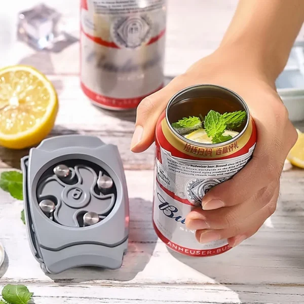 Abrelatas que elimina el borde superior de latas de cerveza con limón y menta.