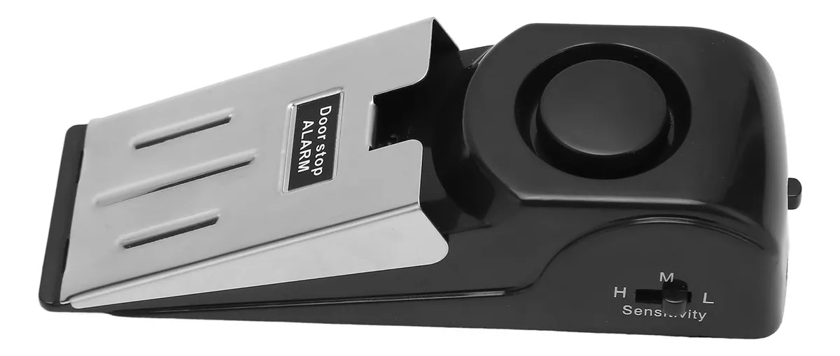 Tope de puerta con alarma de seguridad, diseño negro y plateado, alta sensibilidad.