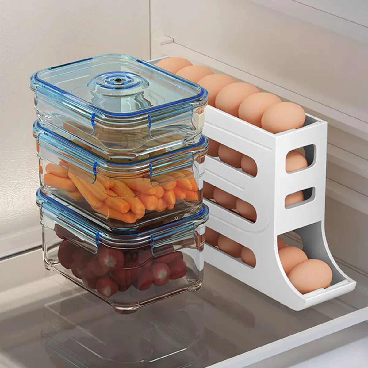 Porta huevos automático apilable en nevera con recipientes para vegetales.
