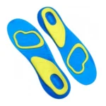 Plantillas ortopédicas en gel azul y amarillo, diseño ergonómico para confort.