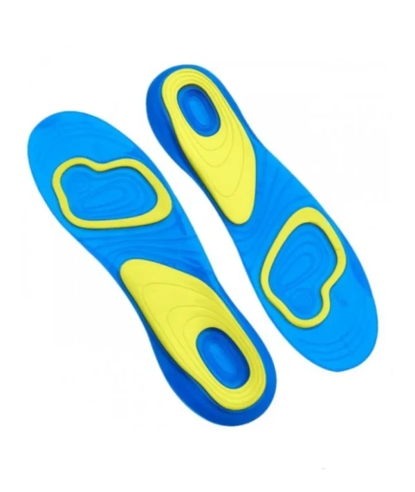 Plantillas ortopédicas en gel azul y amarillo, diseño ergonómico para confort.