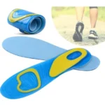 Plantillas ortopédicas en gel azul y amarillo, con detalle de pie caminando.
