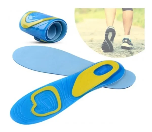 Plantillas ortopédicas en gel azul y amarillo, con detalle de pie caminando.