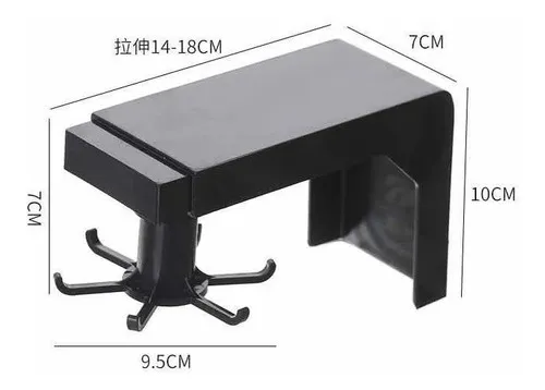 Organizador giratorio negro con 6 ganchos, ideal para cocinas y baños, medidas 9.5x10x7cm.