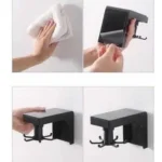 Organizador giratorio negro de pared con 6 ganchos para colgar utensilios de cocina o baño.