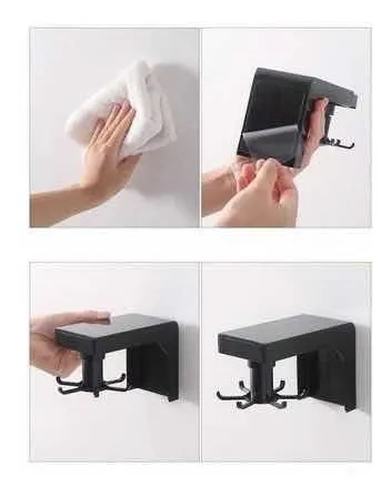 Organizador giratorio negro de pared con 6 ganchos para colgar utensilios de cocina o baño.