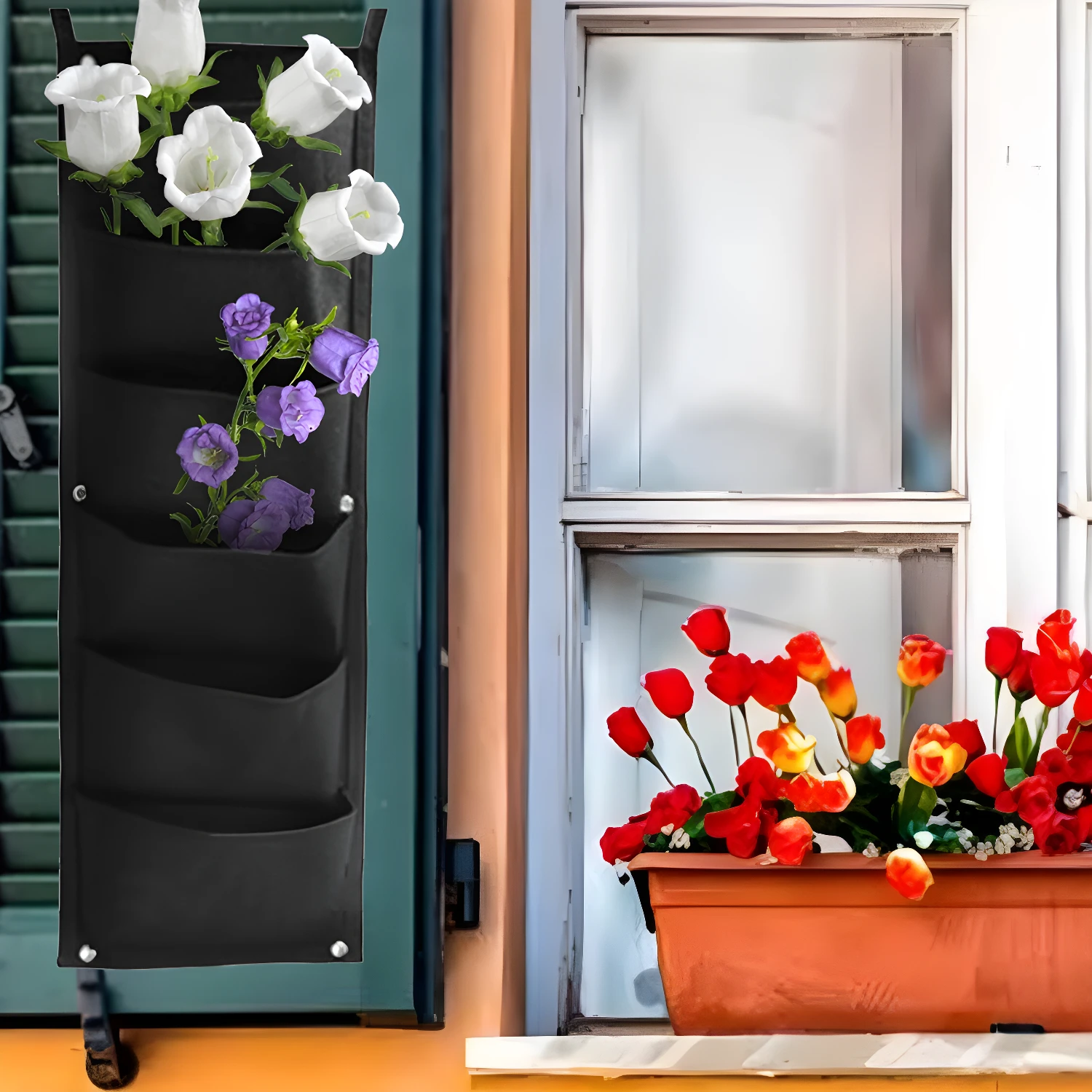 Bolsa para plantar vertical con flores blancas y moradas en pared, junto a ventana con tulipanes en maceta.