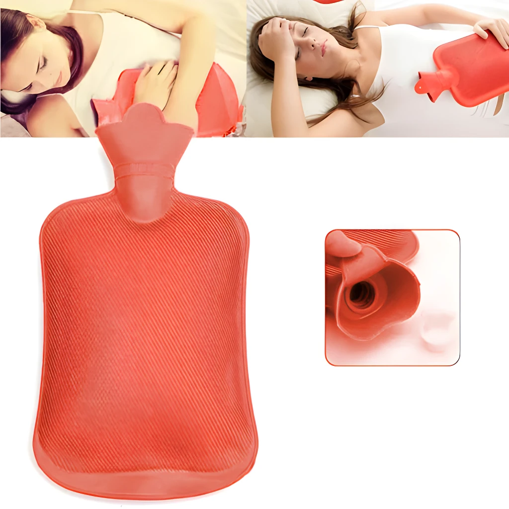 Bolsa térmica de agua roja con diseño acanalado y cierre seguro, ideal para aliviar dolores.