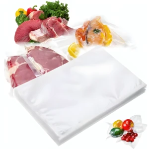 Bolsas sellado al vacío x 100: carne, pescado y frutas conservados herméticamente.