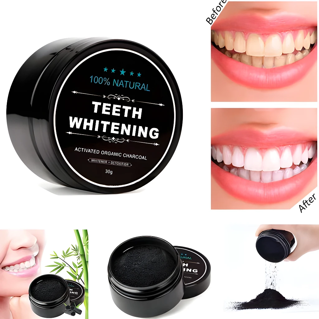 Carbon activado para blanquear dientes, tarro negro 60g, antes y después.
