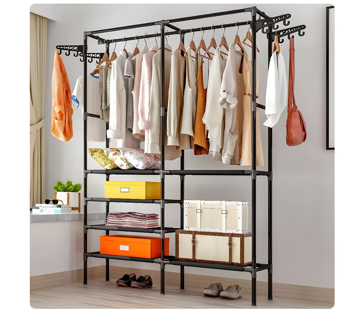 Closet armable doble multifuncional con perchero y estantes organizadores.