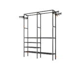 Closet Armario Doble Multifuncional Orga: organizador de ropa negro con estantes y colgadores.