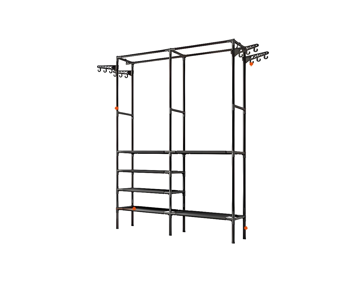 Closet Armario Doble Multifuncional Orga: organizador de ropa negro con estantes y colgadores.