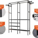 Armario doble multifuncional Orga con tubos reforzados, ganchos ajustables y pies elevados.