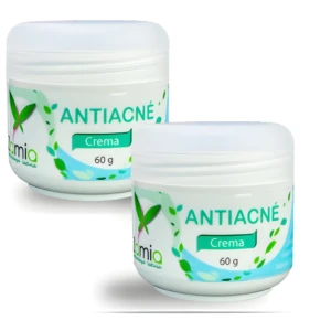 Combo 2 frascos crema antiacné Mia, 60g cada uno, con diseño natural.