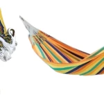 Set x2 hamacas de tela a rayas multicalor y colgador, ideales para exterior.