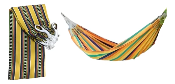 Set x2 hamacas de tela a rayas multicalor y colgador, ideales para exterior.