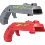 Destapador pistola lanzador de tapas gris y rojo, para abrir botellas con estilo.