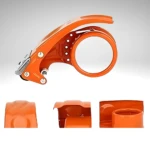Dispensador de cinta naranja para empaques, con detalles metálicos y vista superior.